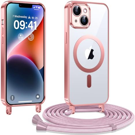 Kokio Handykette Hülle für iPhone 13/ iPhone 14 mit Band, Magnetische Transparent Handyhülle Kompatibel mit MagSafe, Kratzfeste Stossfest Schutzhülle mit Einstellbar Kette,Rosé