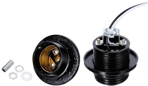 PATIKIL E27/E26 Lampenfassung, 2er Set Lampensockel aus Phenolharz mit 50 cm Draht für den Ersatz von Glühbirnen und LED-Lampen, Schwarz