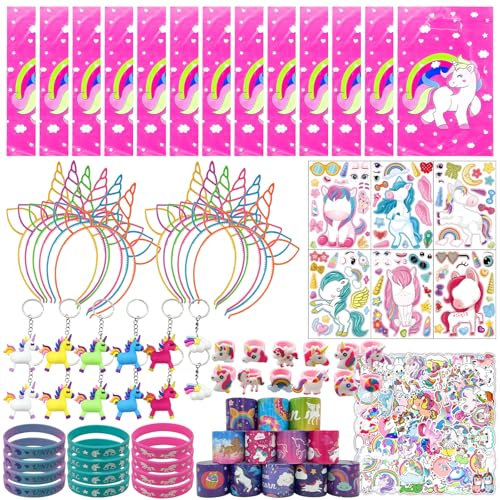 134 pezzi Gadget Unicorno Compleanno Bambina NlsqEU Cerchietto per Capelli Sacchetti Regalo Braccialetti Slap Portachiavi DIY Adesivi Braccialetto Ring Ragazze Regalo Festa Unicorno Festa Regalo