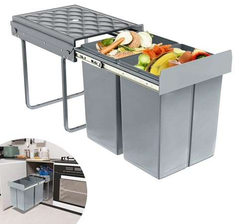 Suusolny Gris 2 x 20L Poubelle intégrée Système de tri des déchets Extractible Conteneurs multiples Collecteur de déchets Poubelle de placard Odeurs étanches Accès confortable pour la cuisine