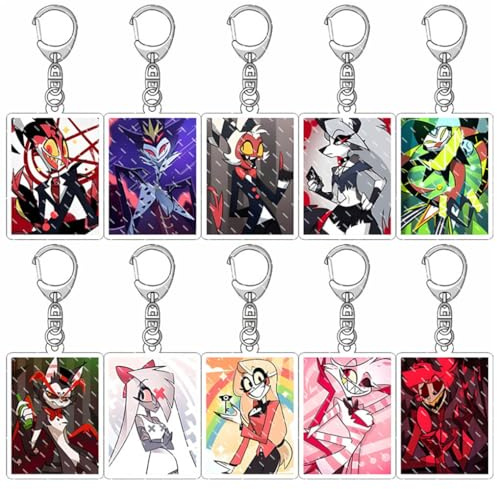 JUSONGKWCP 10 Pcs Hazbins Hotels Schlüsselanhänger Cartoon Figur Angel Dust Alastor Vaggie Cosplay Zubehör Acryl Anhänger für Fans