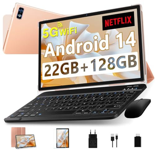 2025 Newest Tablet Android 14 10 Pollici 22GB RAM+128GB ROM(TF 1TB), 8000mAh/Octa Core 2.0Ghz/5G+2.4G WiFi/Bluetooth 5.0/Widevine L1/GMS/8MP+5MP/GPS/2 in 1 Tablet PC con Tastiera e Mouse - Oro Rosa