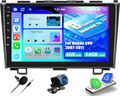 OiLiehu 4+64G 8 Core Android 13 Radio 2 DIN CarPlay Android Auto para Honda CRV 2007-2011 Pantalla Radio Coche 9 Pulgadas con Enlace Espejo Bluetooth GPS FM RDS WiFi DSP/EQ+Cámara de Visión Trasera