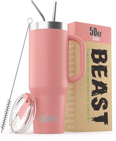 Beast - Vaso de acero inoxidable aislado al vacío para café, taza de hielo, termo de viaje de doble pared (rosa flor)