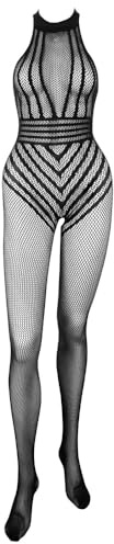 Orion Catsuit - sexy Reizwäsche-Einteiler mit offenem Schritt, Netz-Bodysuit für Frauen mit Streifen und Spitzen-Halsband, Einheitsgröße, schwarz