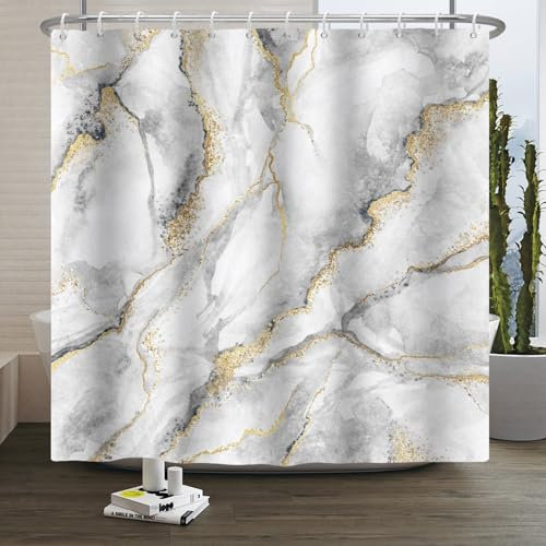 Xiaoterna Tenda da doccia in marmo 3D Tenda da bagno grigio oro Lusso moderno Astratto marmo grigio punti d'oro Repellente all'acqua Tende da doccia lavabili in lavatrice 180x240cm