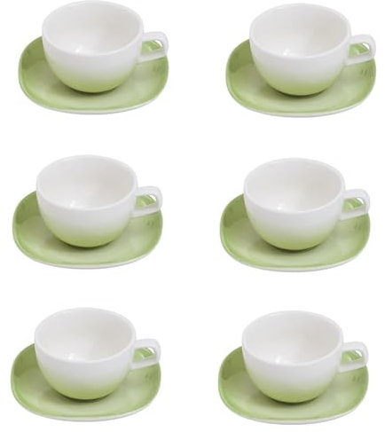 Villa Altachiara Set 6 Tazze Da Caffè Con Piattino Verde In New Bone China, Elegante E Fresco Per Colazione, Tè E Cappuccino, Linea: Primavera