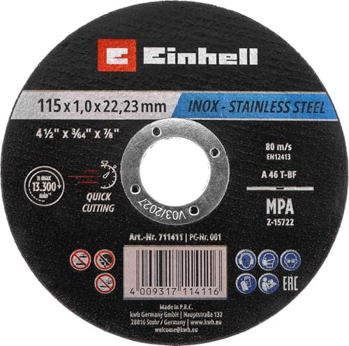 Original Einhell Dischi da taglio per metallo, 10 pezzi, Ø 115 mm in latta (taglio veloce, lavorazione del metallo, taglio facile, certificato MPA, indipendente dal marchio)