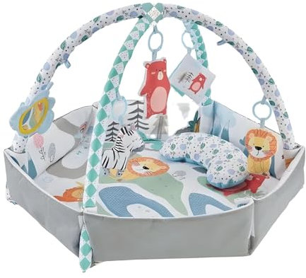 Kadii Baby Spieldecke mit Spielbogen, Faltbare Krabbelmatte mit 6 Spielzeugen, Zoo Design, Bauchzeitkissen, Grau-Türkis