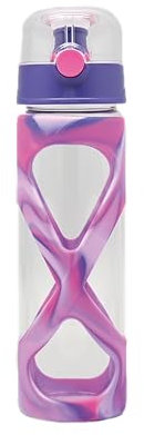 AKINDA Home - Borraccia da 500 ml in vetro borosilicato con silicone rosa/viola e tappo sportivo - borraccia vetro - borosilicato 500ml - silicone rosa - design viola - tappo sportivo