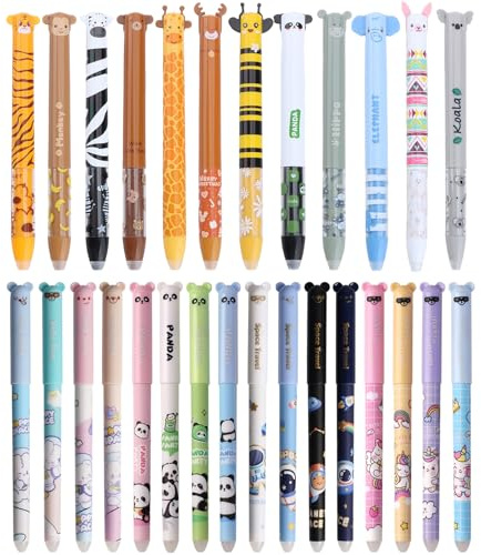 28 Stück Radierbare Gelstiften,Set Von 28 LöSchbaren GelStiften Cartoon Kugelschreiber Stifte Set,Zweifarbige Gedrückte Radierbare Stifte,0.7 mm&0.5mm, Mehrere Farben und Tiermotive,Geburtstag für Ki