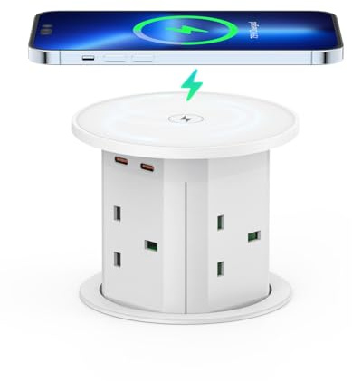 Pop Up Socket with 15W Wireless Charger, Haylink Recessed Power Socket with 4 UK Plug, 3 USB Ports, 2M Cable, Desk Plug Socket for Kitchen, Office Desk, Conference Room, White