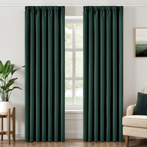 MIULEE Verdunklungsvorhang mit Kräuselband blickdicht B140 H225 Dunkelgrün | 2er Set blickdichter Verdunklungsvorhang mit Kräuselband, thermo, modernes Design, dekorativ für Wohnzimmer und Schlafzimmer