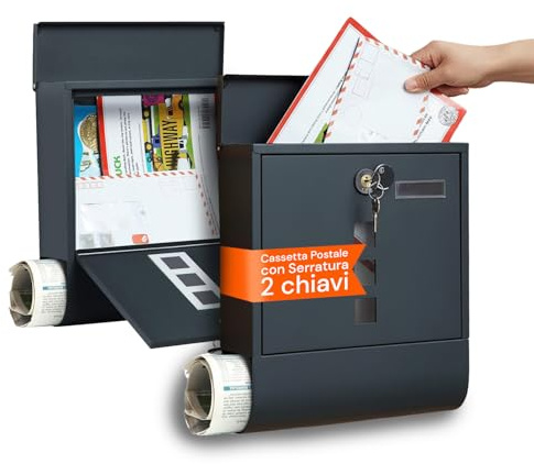 Avilia Cassetta Postale da Esterno in Acciaio Inox Impermeabile con Serratura e 2 Chiavi – Cassetta della Posta Antipioggia Anti-Ruggine, Design Moderno Grigio Antracite (10x34x30cm)