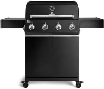 BURNHARD® Big FRED Base Gasgrill 4-Brenner, Edelstahlrost, Schwarz-Matt | Abklappbare Seitentische, Aludruckguss-Edelstahl-Brennkammer, 15 kW Leistung