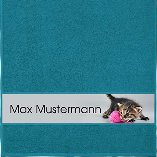 Manutextur Handtuch Mit Namen - Personalisiert - Tiere Motiv Katze - Viele Farben - Dusch-Handtuch - Petrol - Größe 50x100 cm - Persönliches Geschenk Mit Wunsch-Name