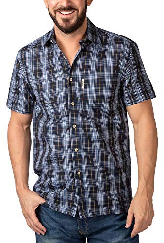 Rydale Men's Short Sleeved Shirts Check Patterned Summer Poly Cotton Work Casual Shirt (S, Foston Navy)