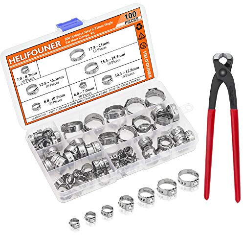 HELIFOUNER 100 Pieces 6-21mm 304 Stainless Steel Single Ear Hose Clamps with Pincers Kit