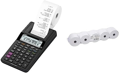 CASIO Druckender Tischrechner HR-8RCE, 12-stellig & GENIE Additionsrollen Ersatz-Papierrollen geeignet für Kassen und druckende Tischrechner 40 lfm 100 prozent Holzfrei 57 x 12 mm, weiß, 5 Stück
