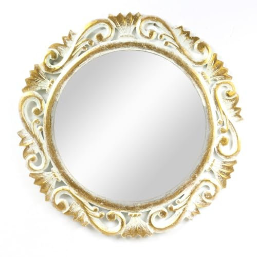 Oriental Galerie Barock Wandspiegel Spiegel Schminkspiegel Landhaus Holzrahmen Vintage Shabby Chic Weiß/Gold Rund 60cm