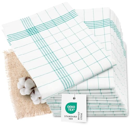 ZOLLNER Set de 12 torchons, Coton et Lin, 60x80 cm, Vert Blanc à Carreaux
