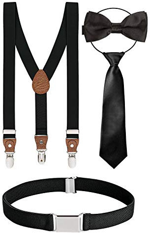 BomGuard 4er Set, Kinder-Hosenträger + Fliege + Krawatte + Gürtel,schwarz