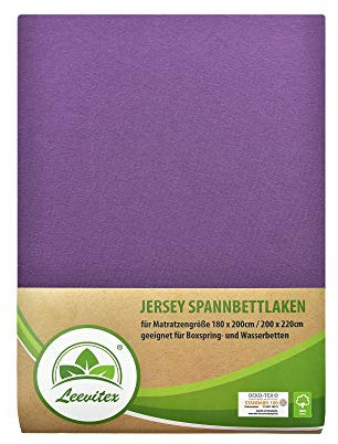 leevitex® Premium Spannbettlaken 180x200-200x220 cm - 40 cm Steg - auch für Boxspringbett & Wasserbett | 100% Mako-Jersey-Baumwolle | ÖKO-TEX | 170g/m² | Lila/Pflaume