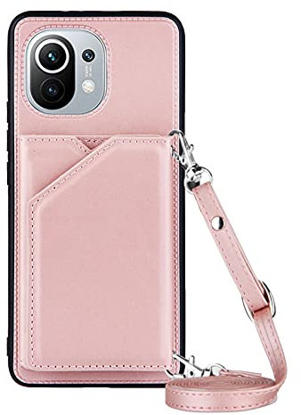PekaTech Handykette für Xiaomi Mi 11, PU-Leder Hülle- Handyhülle mit Band zum Umhängen - Klapptasche Handytasche Case mit Handy-Kette, Kartenfach und Portmonee, Roségold
