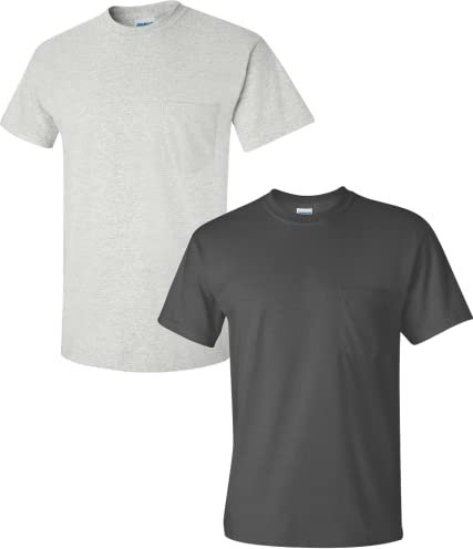 Gildan Men's Ultra Cotton Adult T-Shirt with Pocket, 2-Pack, Ash/Charcoal, Large