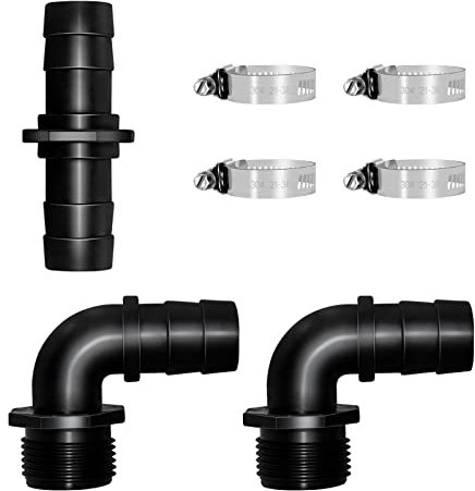 Longrun Schlauch Verbindungsstück Kit, Schlauchverbinder 1 Zoll, 90 Grad Winkel Schlauchtülle, Edelstahl Schlauchschellen, für Teich, Springbrunnen und Garten
