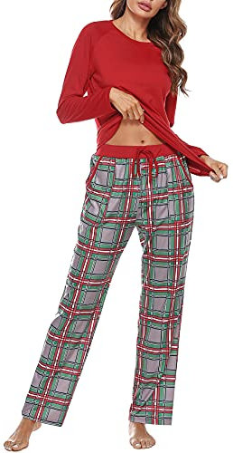 Uniexcosm Pyjama Femme Coton Long Ensembles de Femme Hiver Carreaux Col Ronde Manches Longues Pyjama pour Femme avec Poches Latérales Rouge XXL