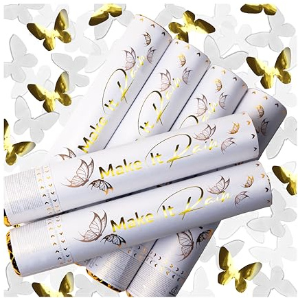 PrimePure Canon Confettis, Papillons Blancs Papier, Lot de 6 | Papillons blancs et Mylar doré, Canon a confettis poppers pour anniversaire, mariage, fêtes, faciles à utiliser et à nettoyer