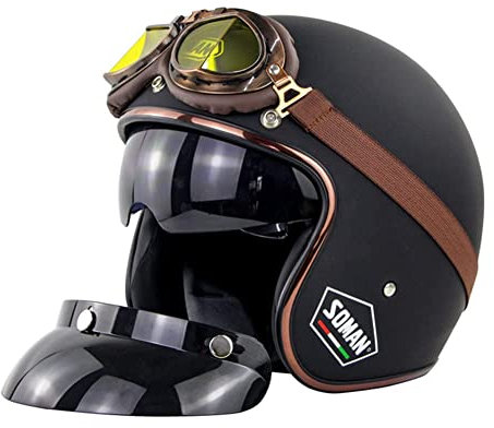 Retro Motorrad Pilotenhelm Jethelme 3/4 Halbhelm mit Sonnenblende Brille Vintage Roller Jethelm Moped Cruiser Chopper ECE/DOT Zugelassen (Matte Black,59~60cm L)