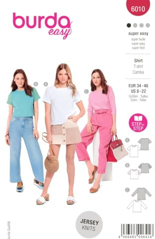 Burda Style Katalog-Schnittmuster T-Shirts in verschiedenen Längen | Damen, Gr. 34-48 | Nählevel: Sehr leicht #6010