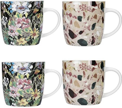 KitchenCraft Terrazzo Floral Kaffeebecher, Steingut, 425 ml, 4 Stück