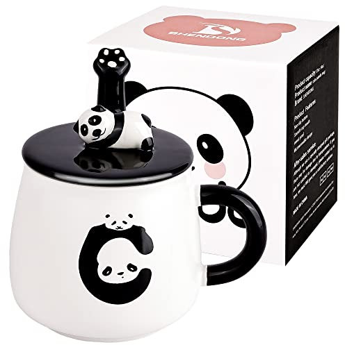 SHENDONG Taza Panda Linda taza de café de cerámica con tapa Panda y cuchara Taza de café de panda 3D Taza de café de la novedad Regalos para amantes de los pandas Mujeres Amigos Niños Muchachas Mamá