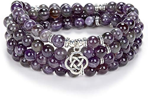 Celtic Gift Ideas 108 Mala Stone Beads Pulsera Collar de cristal con nudo infinito Amuleto de buena suerte (amatista morada (Purple Amethyst))