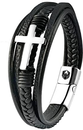 Lederarmband Herren, Armband Herren Kreuz, Armbänder für Herren, Männer Geflochten Leder mit Edelstahl Magnetverschluss, Exklusiver Schmuckschatulle, Valentinstag Weihnachten Geschenke Idee