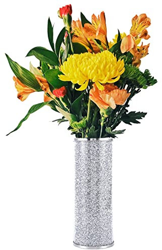 LFGKeng Kristallglas-Blumenvase, 25.4 cm hoch, luxuriöse, silberfarbene Diamantvase, moderne Dekorationsvase für Zuhause, Wohnzimmer, Büro, Bad, Küche, Kamin, Regal, Eingangsbereich, Hochzeit