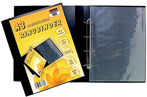 ARK A3 Deluxe Portrait 4-D Ring Binder Folder File Art Black Presentation Portfolio + 10 Sleeves (B)