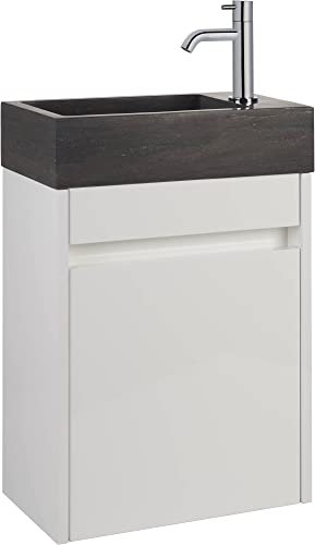 Saqu Florence Gäste WC Waschbecken mit Unterschrank Vormontiert - in glänzendem Weiß mit Naturstein-Waschbecken und chromfarbenem Hahn rechts - Kleines Gäste WC Bad Möbel mit Waschtisch
