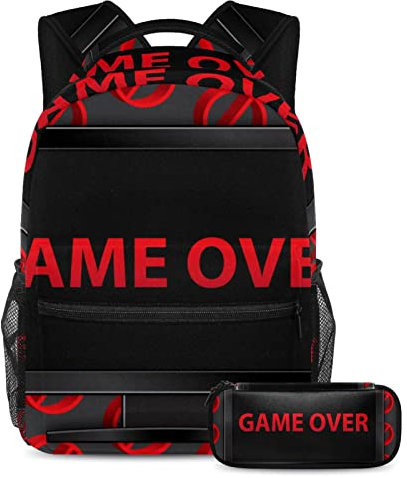 VAPOKF School Bag Set for Teen Girls Boys, Student Bookbag Backpack Rucksack with Pencil Case for School - Creative Red Game Over TV Pattern