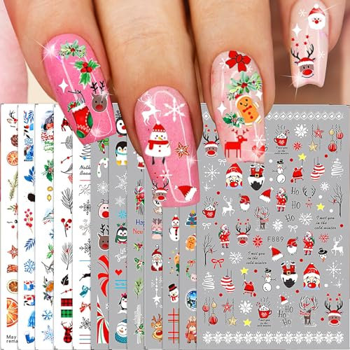 Bewudy 12 Blatt Nagelsticker Weihnachten, Selbstklebend Nagelaufkleber, Schneemann Weihnachtsmann Rentier Nail Art Sticker Nagelkunst Sticker DIY Dekoration Nageldesign Zubehör