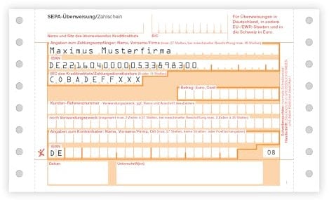 Litfax SEPA-Überweisung Zahlschein mit personalisiertem Überweisungsvordruck, 500 Stück - DIN A6, 2-fach mit Durchschlag, bedruckt mit Wunschtext, Führungslochrand - Bankneutral in Deutschland