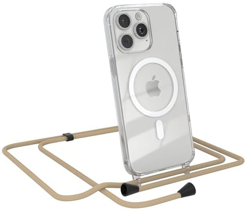 EAZY CASE - Handykette kompatibel mit iPhone 15 Pro Max Kette zum Umhängen Stoßfest Handyhülle für iPhone 15 Pro Max Silikon Hülle mit Band Transparent als Fallschutz in Taupe - Clips Schwarz