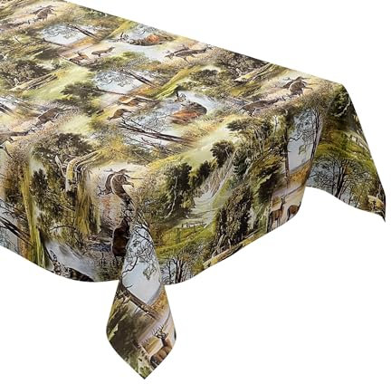 KEVKUS Wachstuch Tischdecke P739-1 Jagdmotiv Wildmotiv Wald wählbar in eckig, rund und oval - Größe oval 140x220cm mit Paspelband