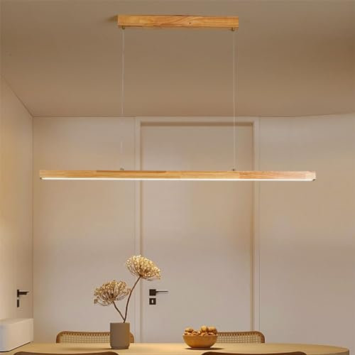 LED Pendelleuchte Holz Esstisch Esszimmer Lampe Dimmbare Moderne Linear Design Hängeleuchte mit Fernbedienung Höhenverstellbar Küchen Hängelampe für Büro Wohnzimmer (A, L120cm)