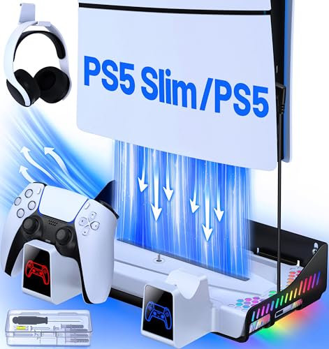 HELLCOOL PS5 Wandhalterung, PS5 Slim Standfuß Ständer mit Lüfter für Alle PS5 Slim/PS5 Disc/Digital Edition Konsole, PS5 Controller Ladestation/Headset Halterung/15 Spiele Lagerung/Cooles RGB Licht