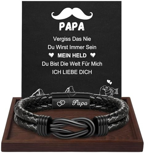 TERRISHE Geschenk für Männer Herren Armband Schwarzes Lederarmband für Papa Sohn mit Gravur Weihnachten Abschlus Geburtstag Geschenk für Männer Jungen