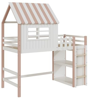Azkoeesy Kinderbett 90 x 200 cm, Hausform Bett mit Fenster und Dach, mit Ablage, mit Lattenrost, für Kinder und Mädchen, Max 120 kg, 90 x 200 cm (Rosa)